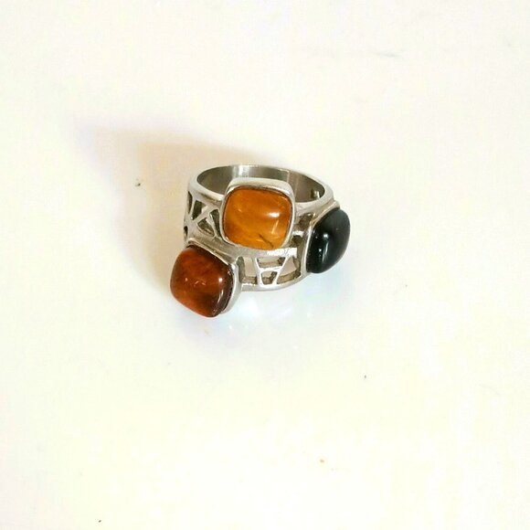 Stainless Steel 3 Stone Ring 9.25 Open Work Tiger Eye Black Onyx - Picture 4 of 8